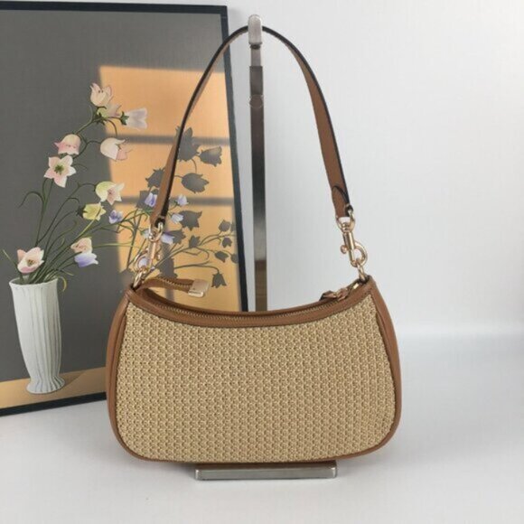 New COACH Teri 2way Shoulder Bag Crossbody Straw/Leather Latte - Picture 7 of 7